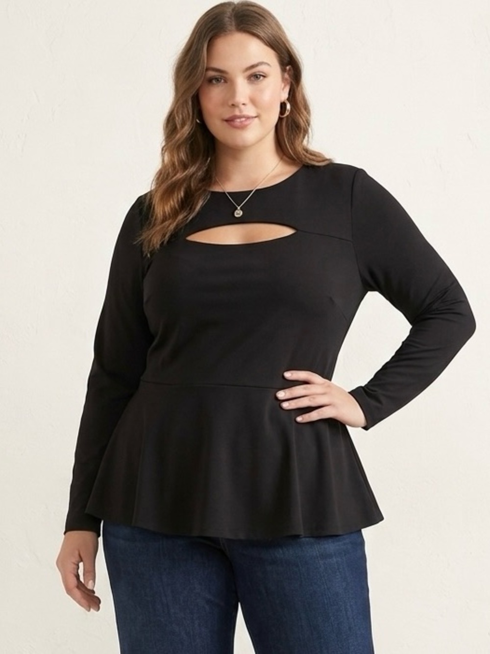 Eloquii Black Long-Sleeve Peplum Tunic With Front Cutout Sz 18 NWT Whimsigoth